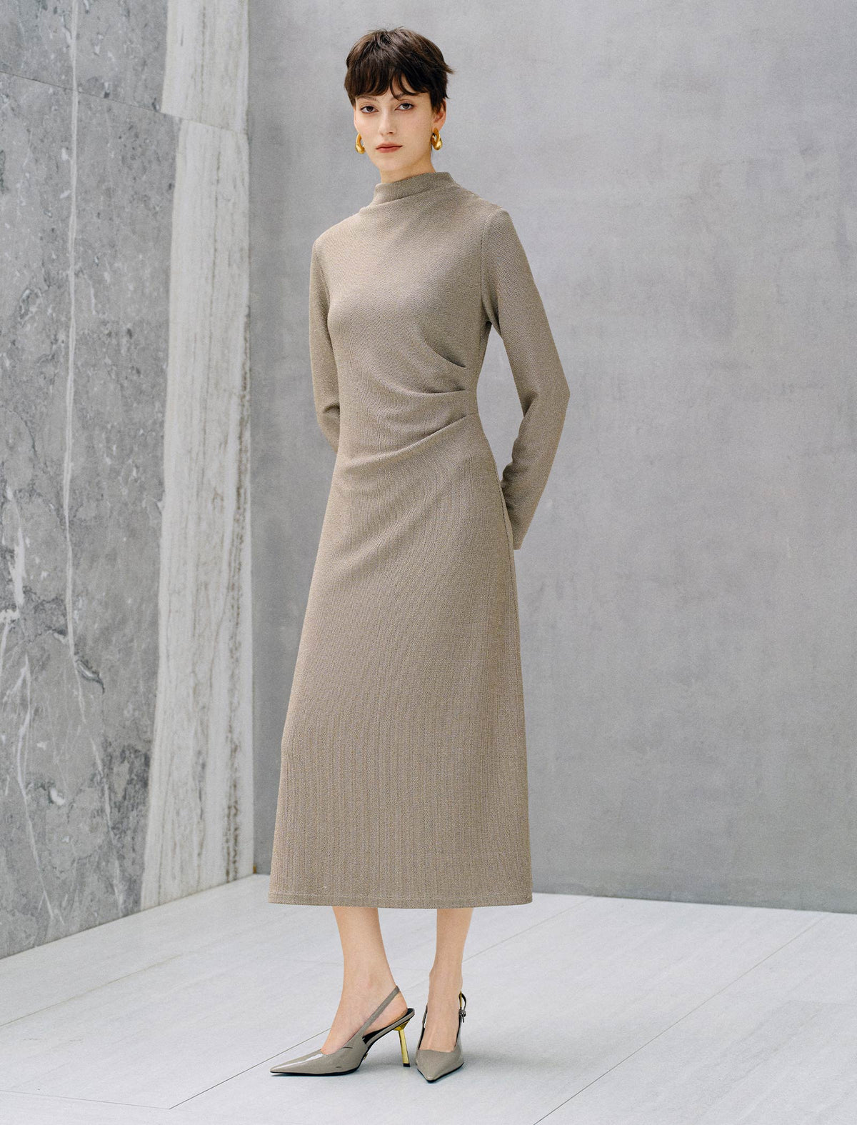 Solid Mock Neck Long Sleeve Midi Dress