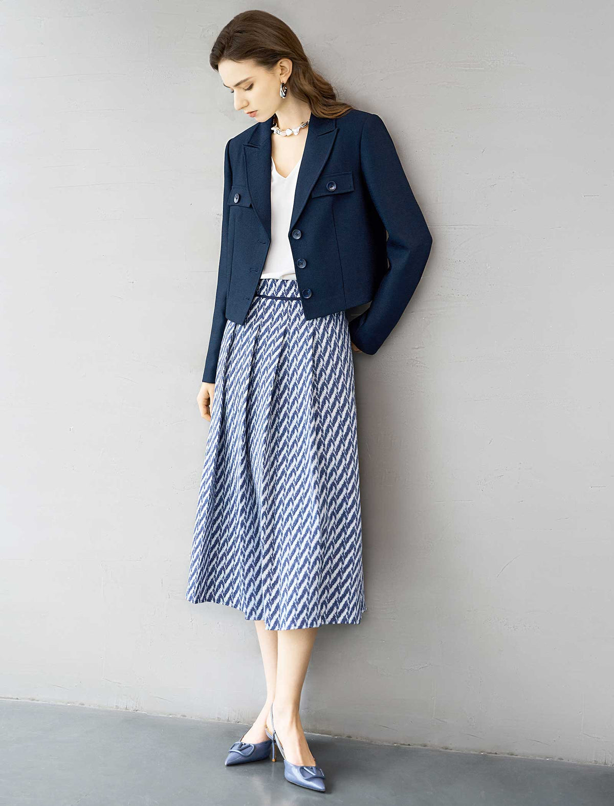 Blue And White Chevron Pleated Midi Skirt