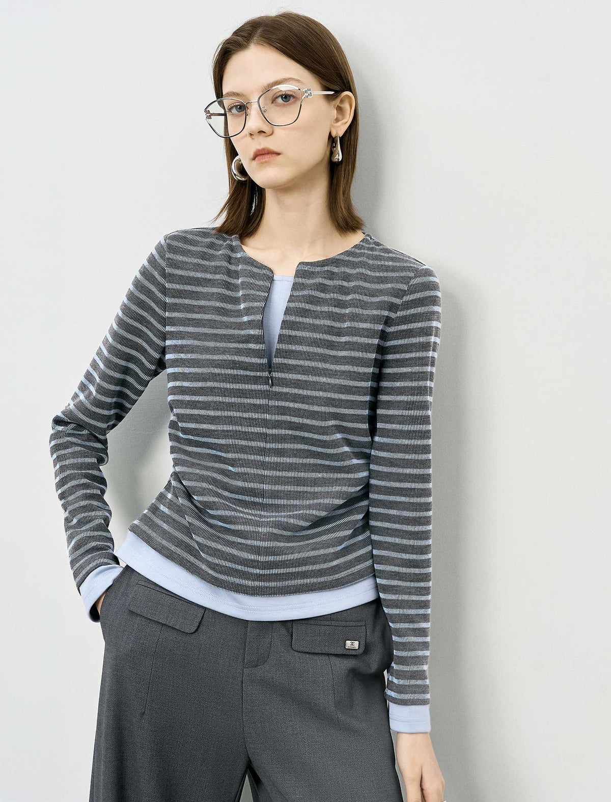Stripe Long-Sleeve Notch-Neck Ruched Top