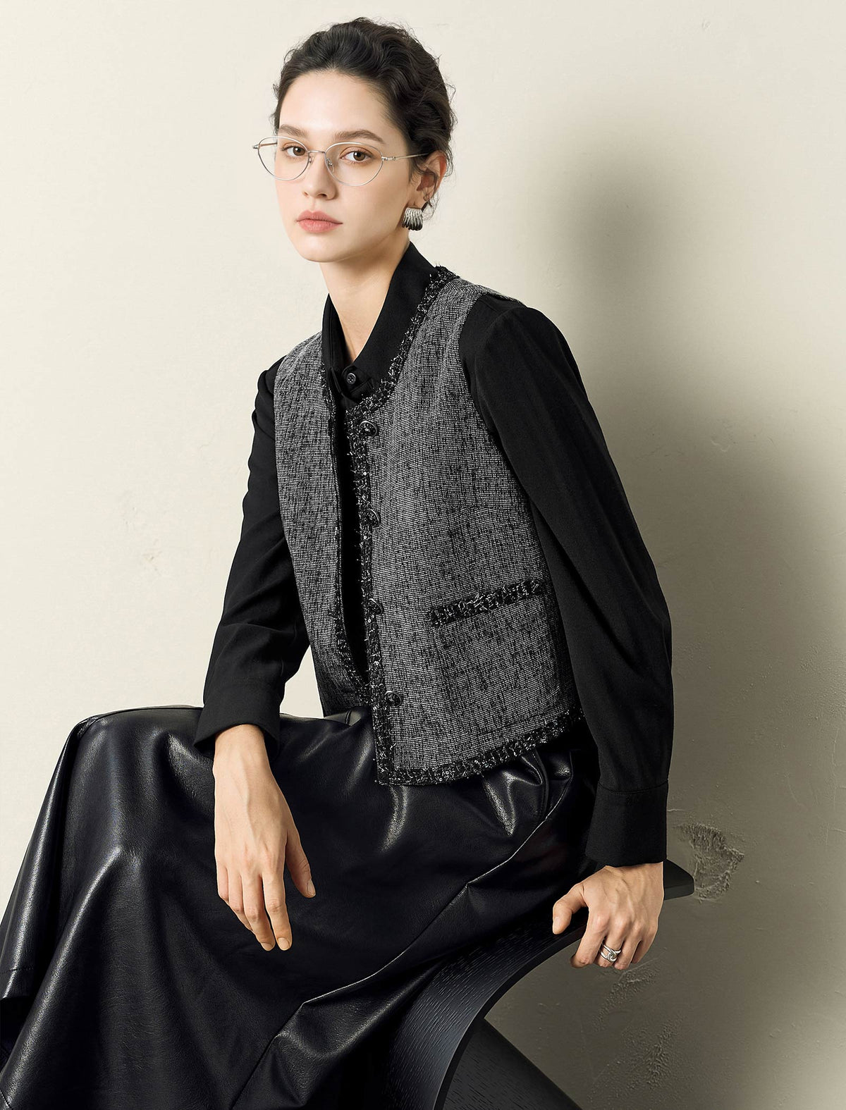 Black Trim Tweed Vest