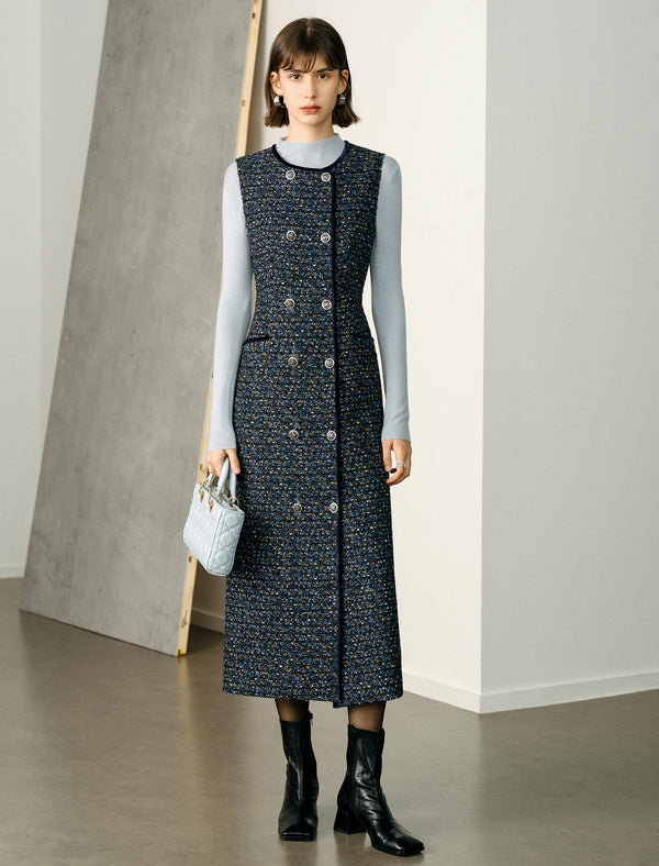 Waist-Defining Round Neck Sleeveless Midi Dress