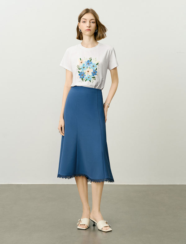 Lace Trim A-Line Midi Skirt