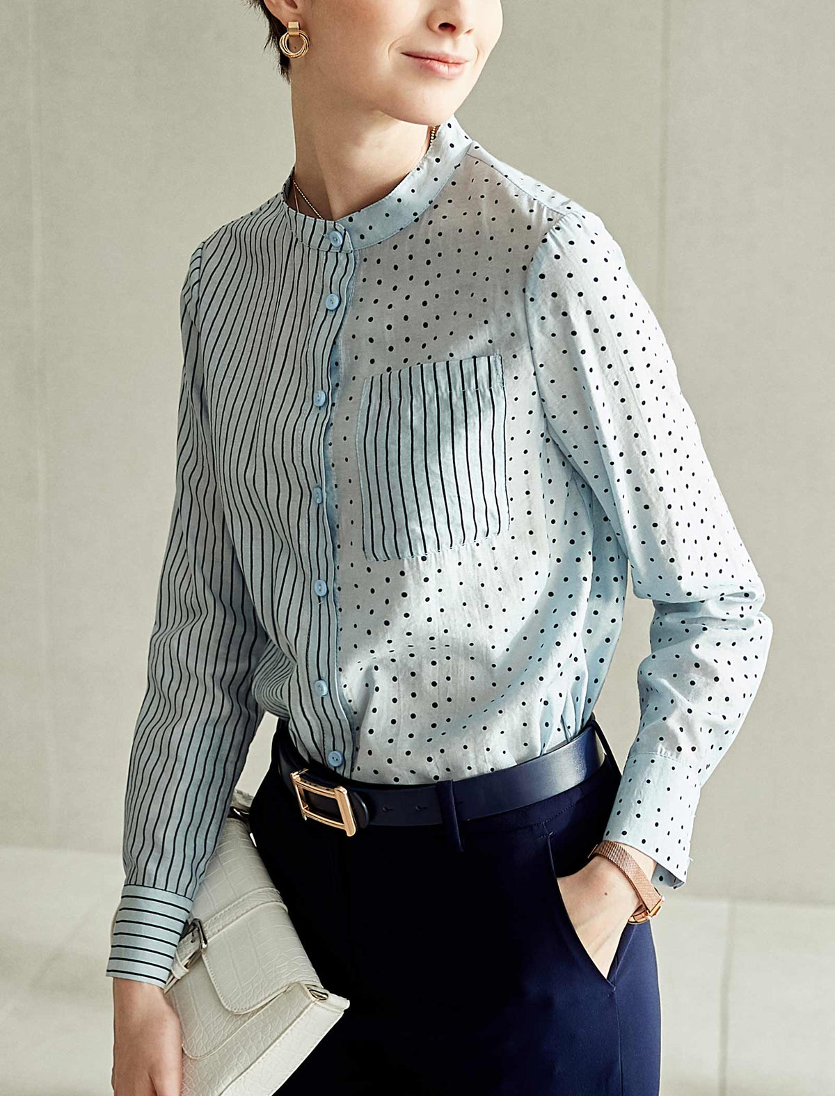 Mixed Pattern Button Down Blouse