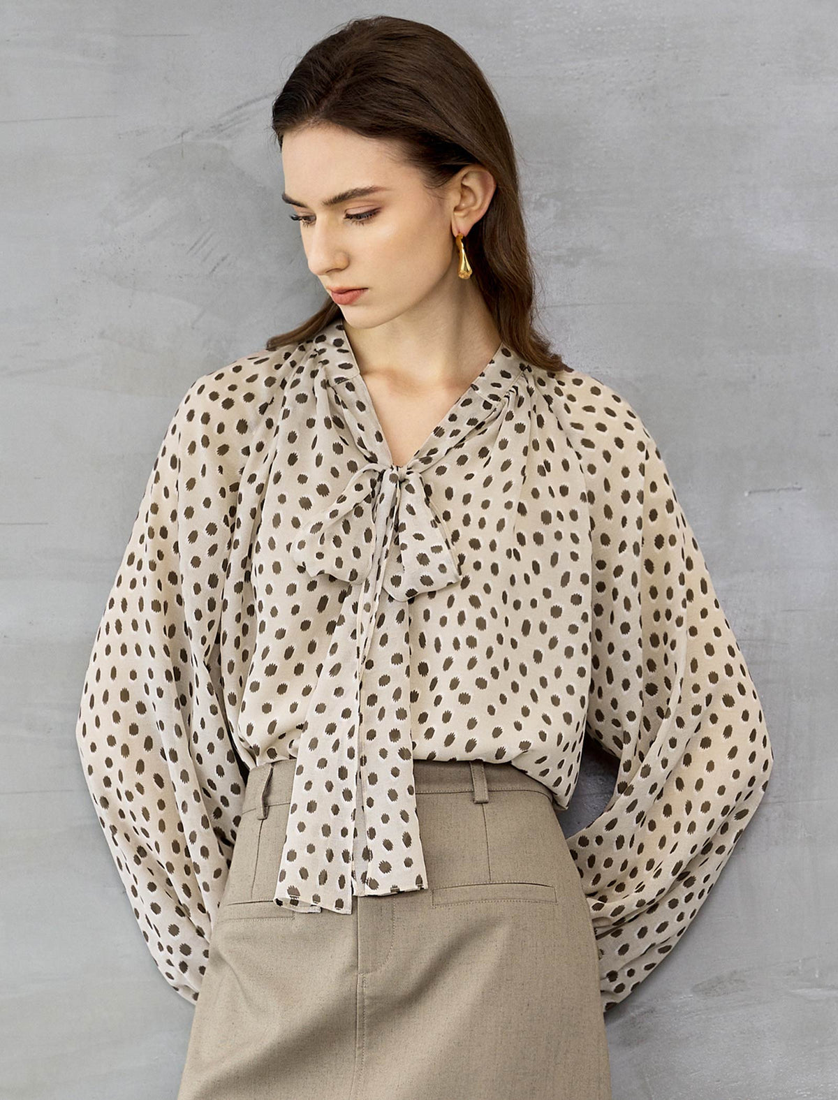 Oatmeal Ditsy Dot Tie-Neck Blouse