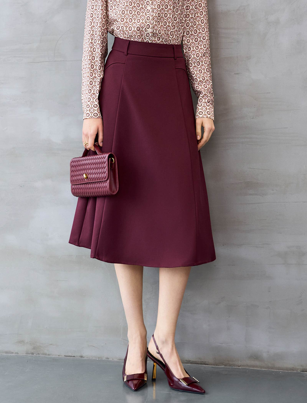 Burgundy High Waisted A Line Midi Skirt