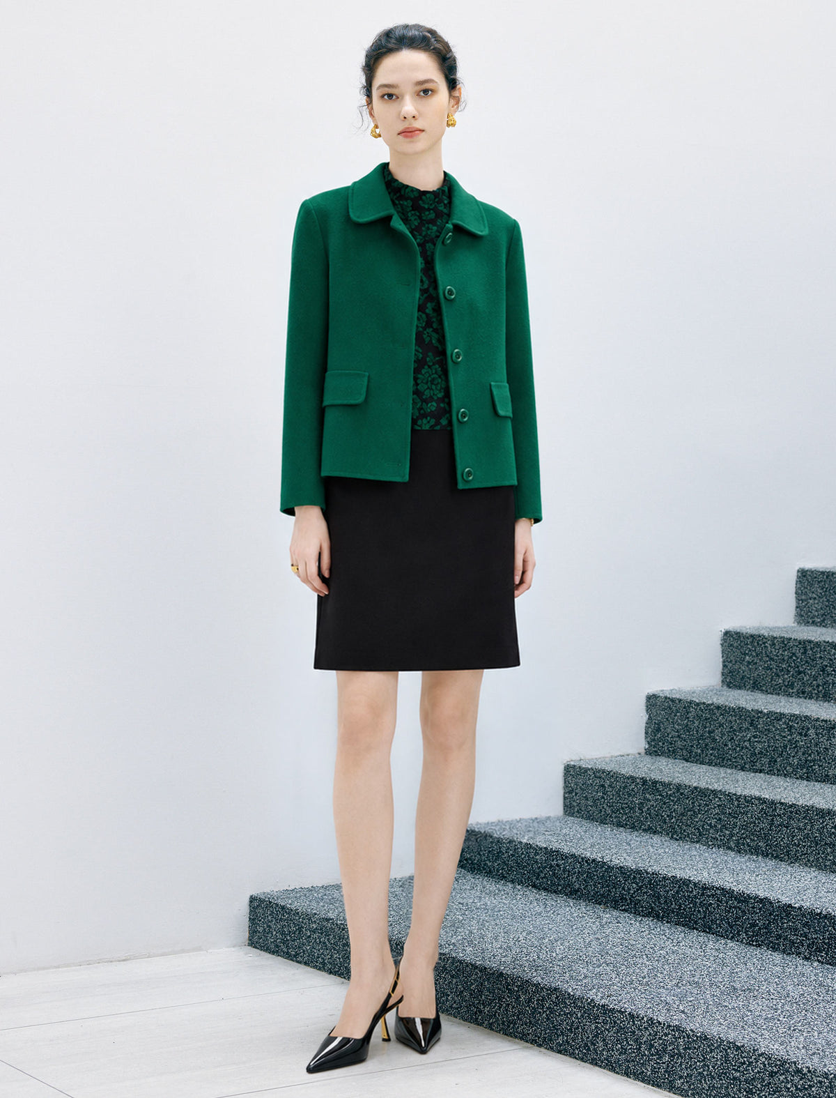 Wool Blend Long Sleeve Fitted Straight-Fit Jacket