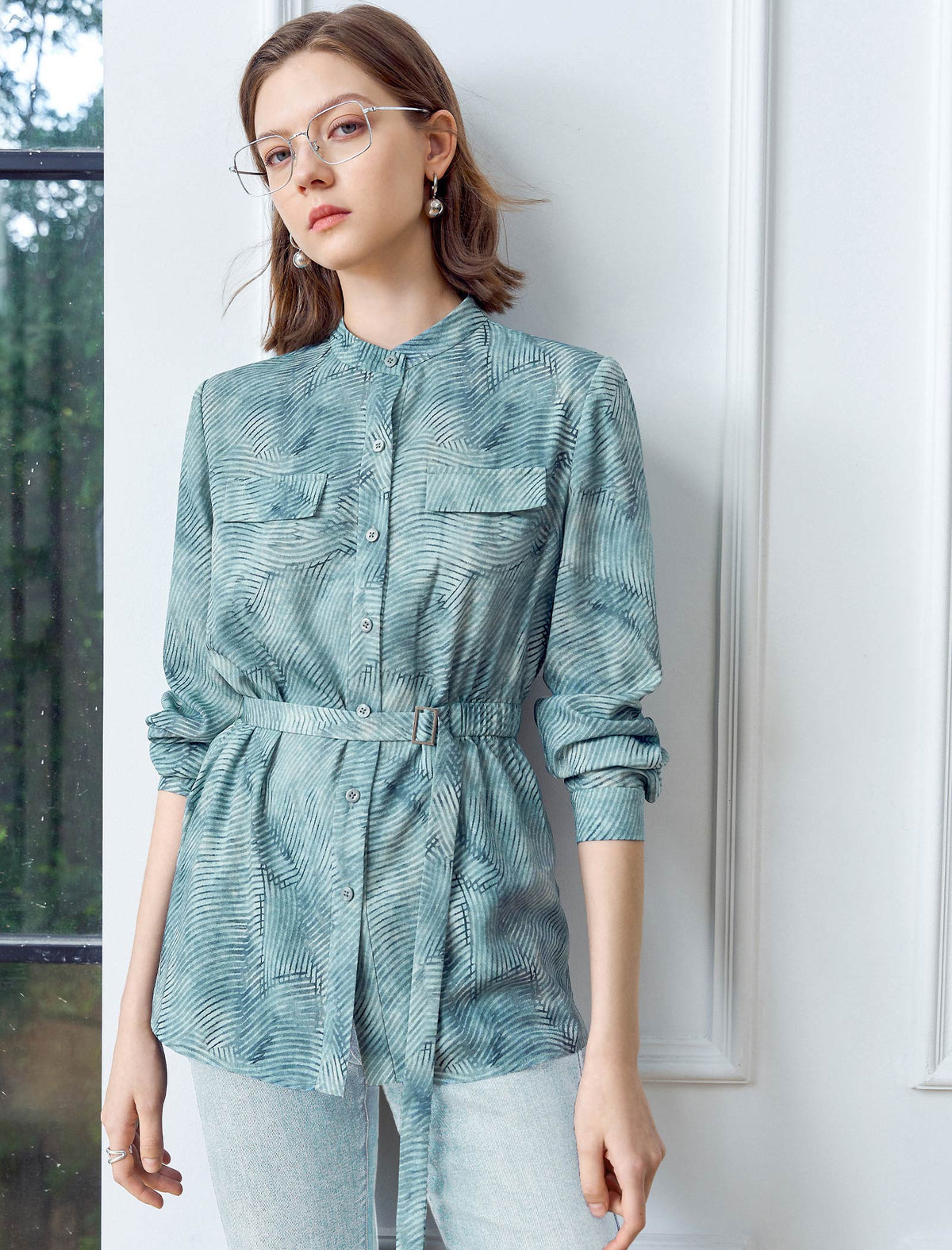 Textured Pattern Stand Collar Belt Detail Blouse