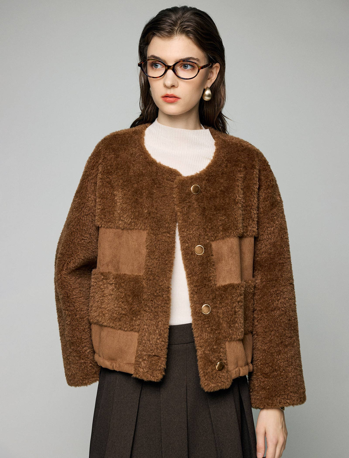 Contrast-Patch Crewneck Button-Front Cropped Jacket