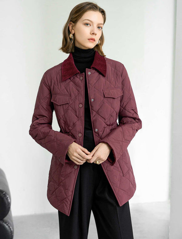 Burgundy Velvet Collar Quilted Jacket