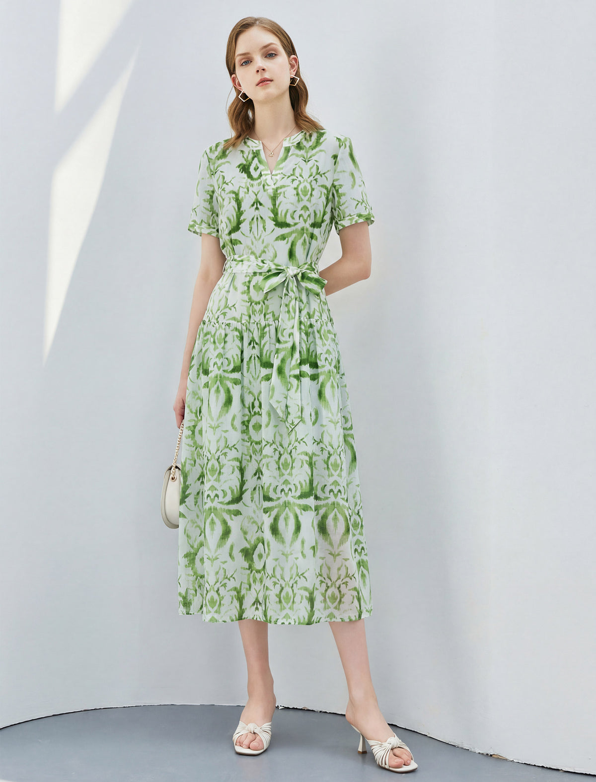 Green Printed V‑Neck Midi Two‑Piece Dress