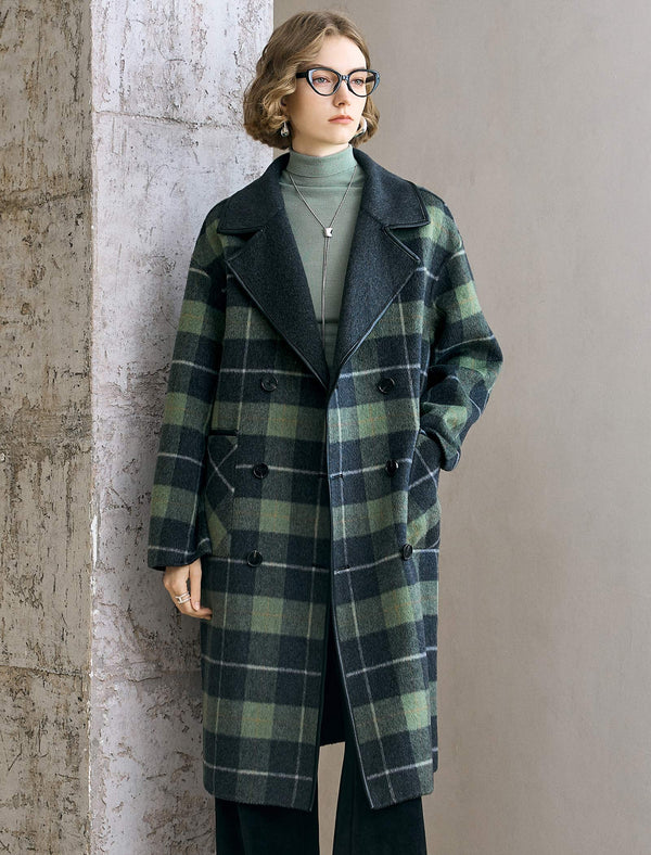 Reversible Plaid Wool-Blend Leather Trim Coat