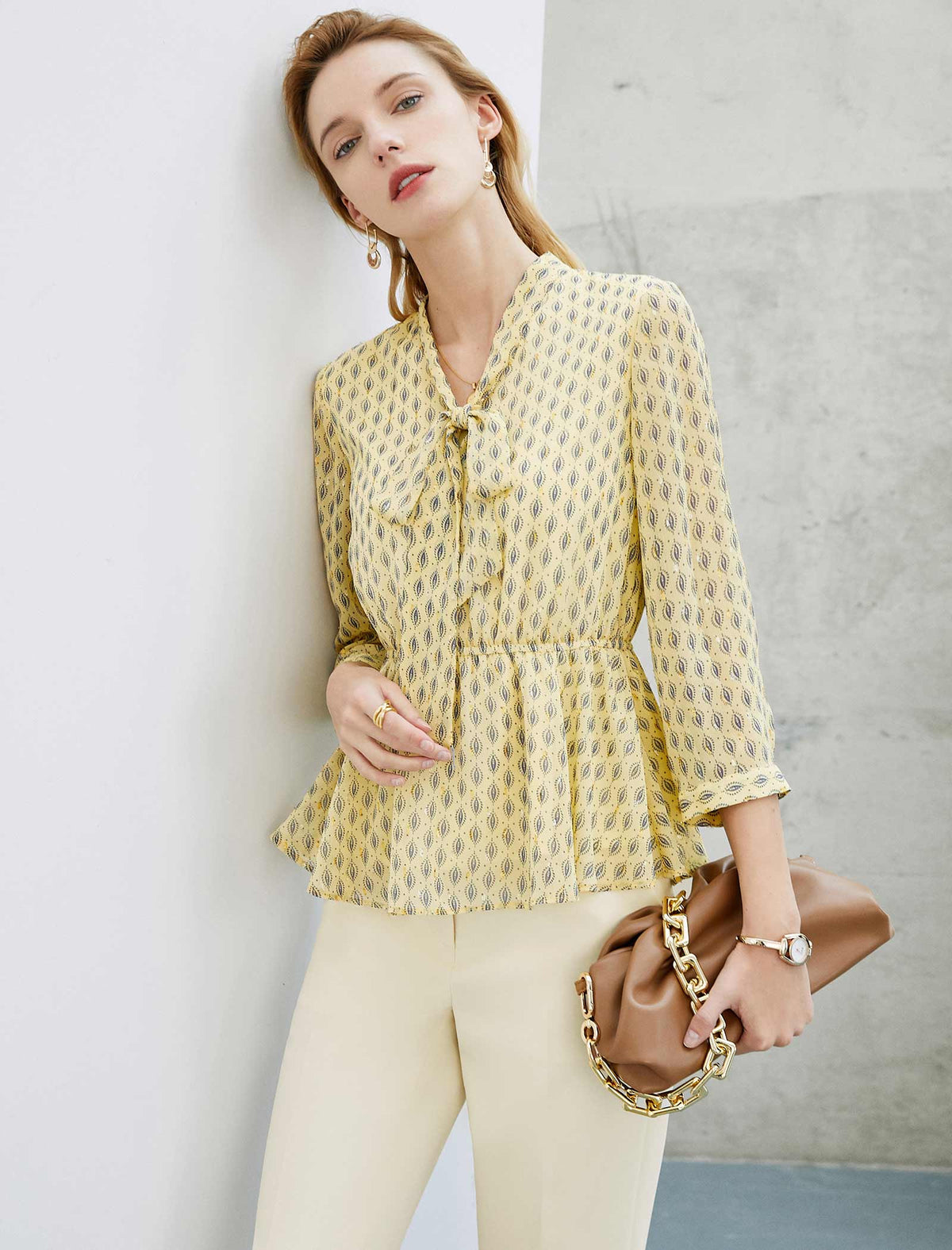 Leaf Print Peplum Tie Neck Blouse