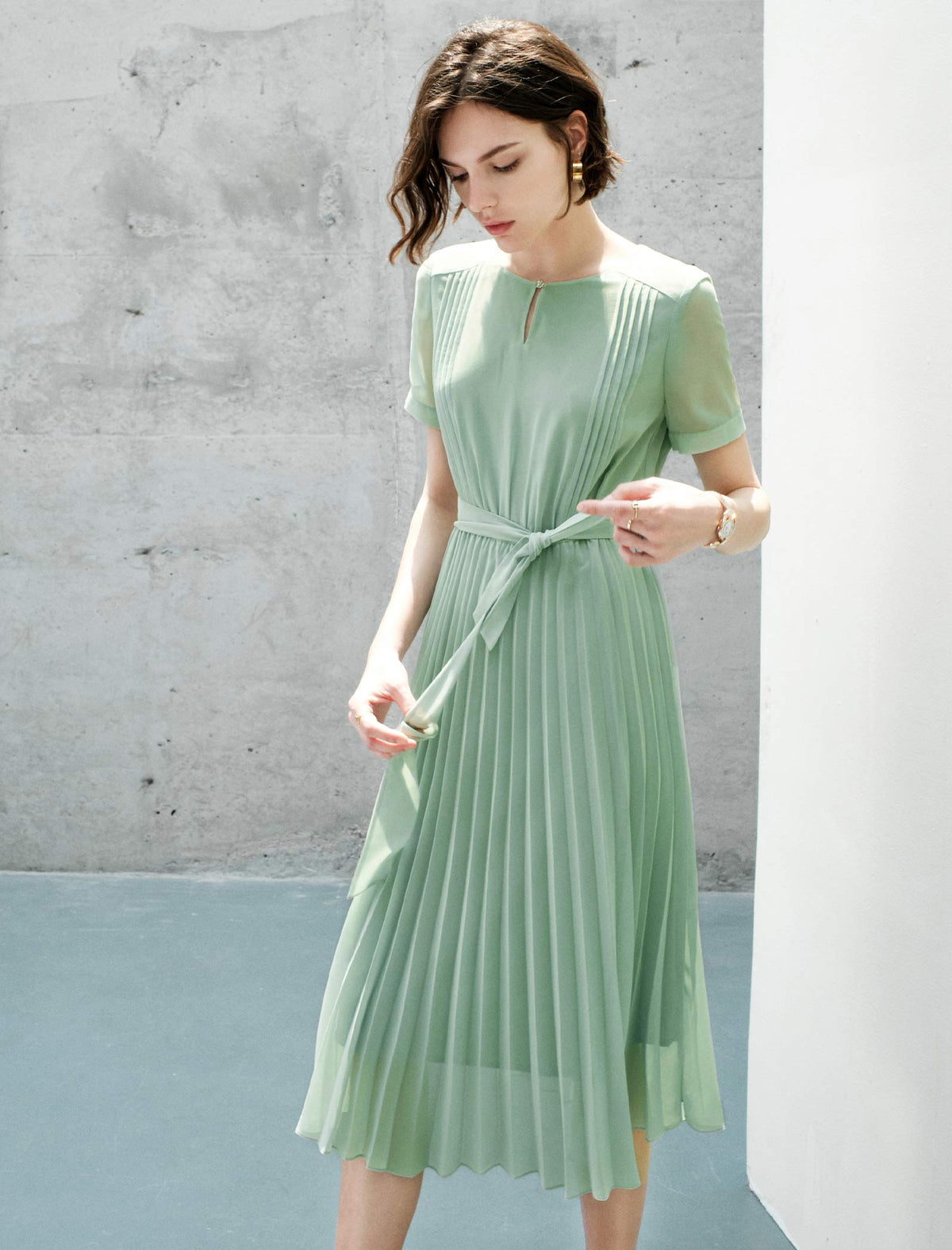 Waist-Cinched A-Line Pleated Short Sleeve Dress