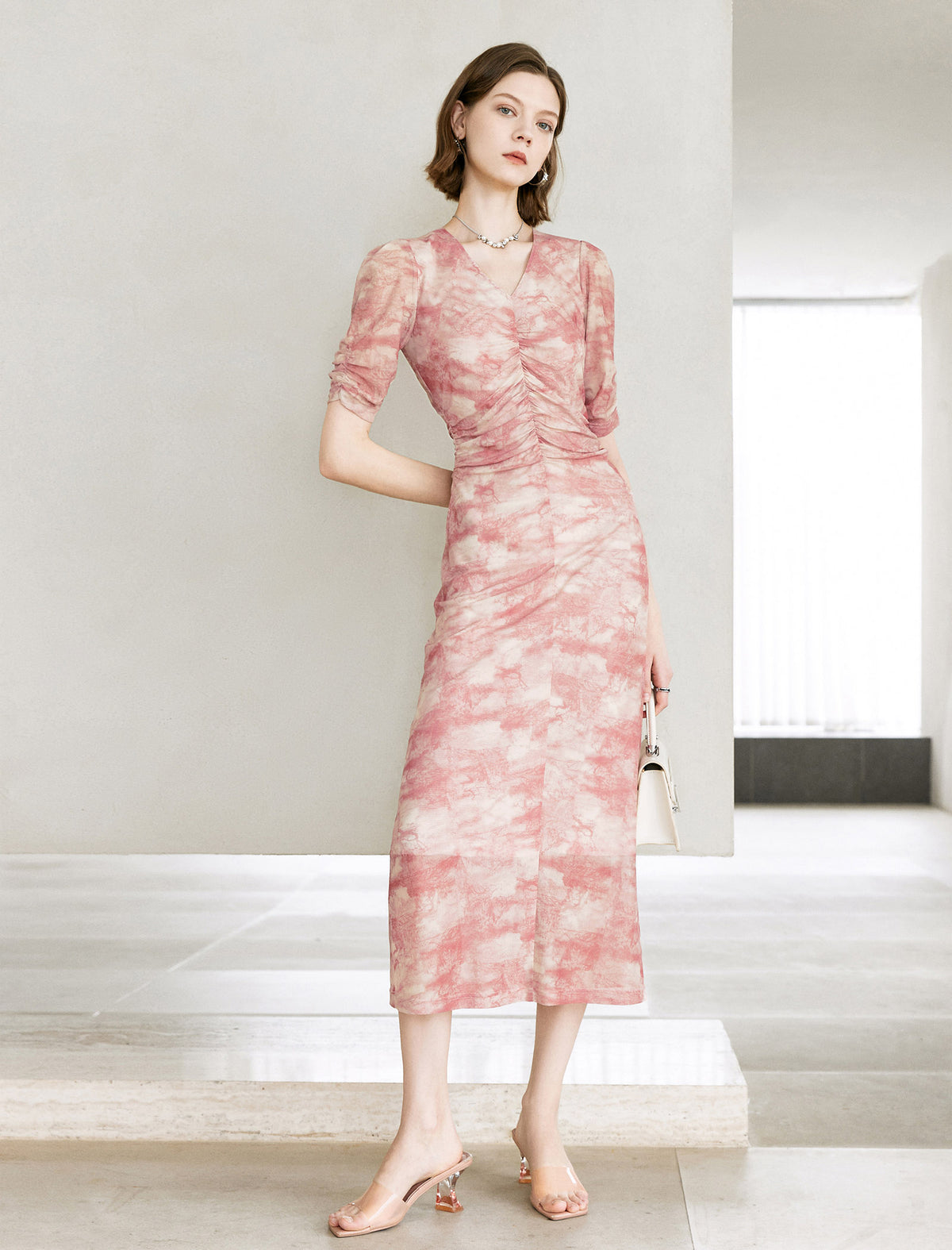 Pink Watercolor Ruched Midi Dress