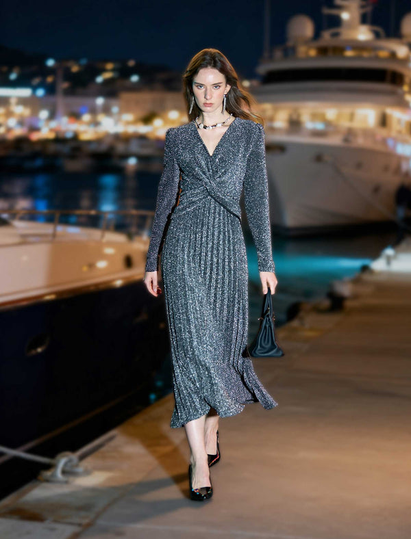 Twist-Front Metallic Long Sleeve Midi Dress