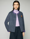 Wool Blend Contrast-Trim Crewneck Cropped Jacket with Brooch