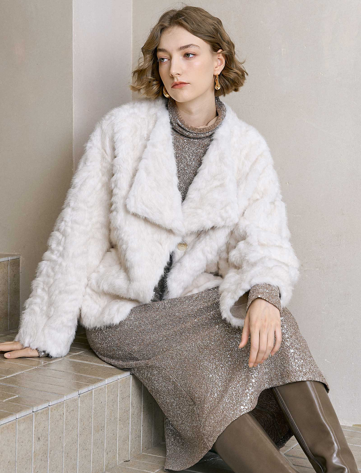Single-Button Faux Fur Cropped Jacket