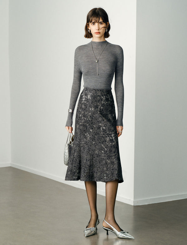 Floral Lace Flared Hem Midi Skirt