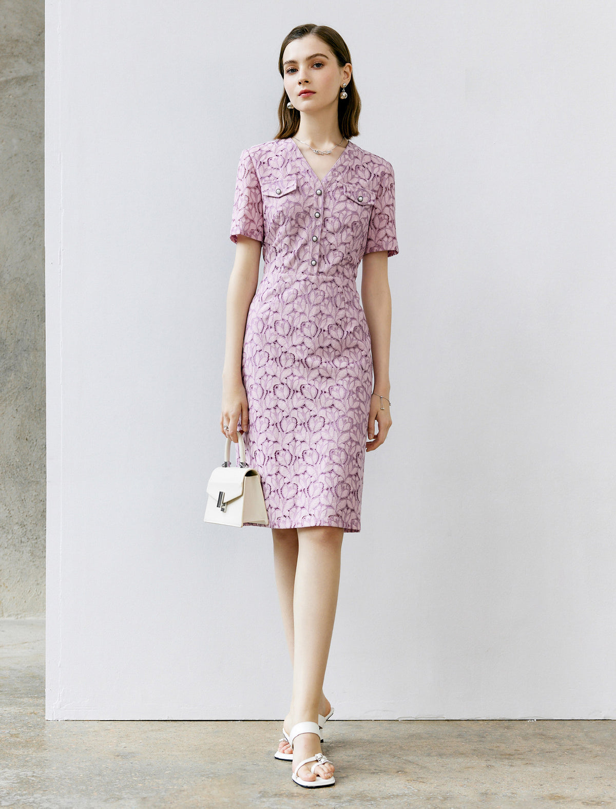 Lilac Floral V-Neck Lace Dress