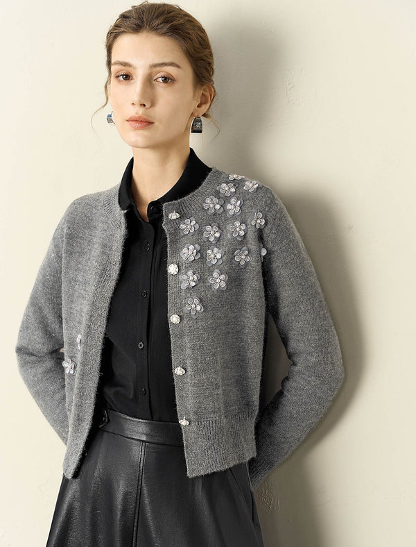 Wool Blend Floral Embroidered Cardigan