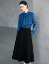 Blue Floral Print Tie Neck Long Sleeve Chiffon Blouse
