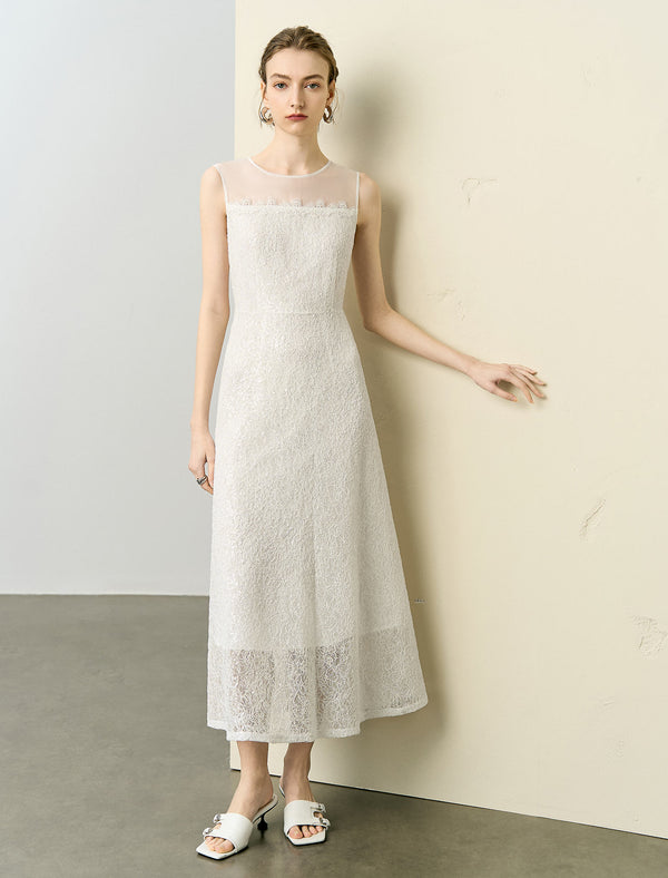 Sheer Neckline Lace Midi Dress