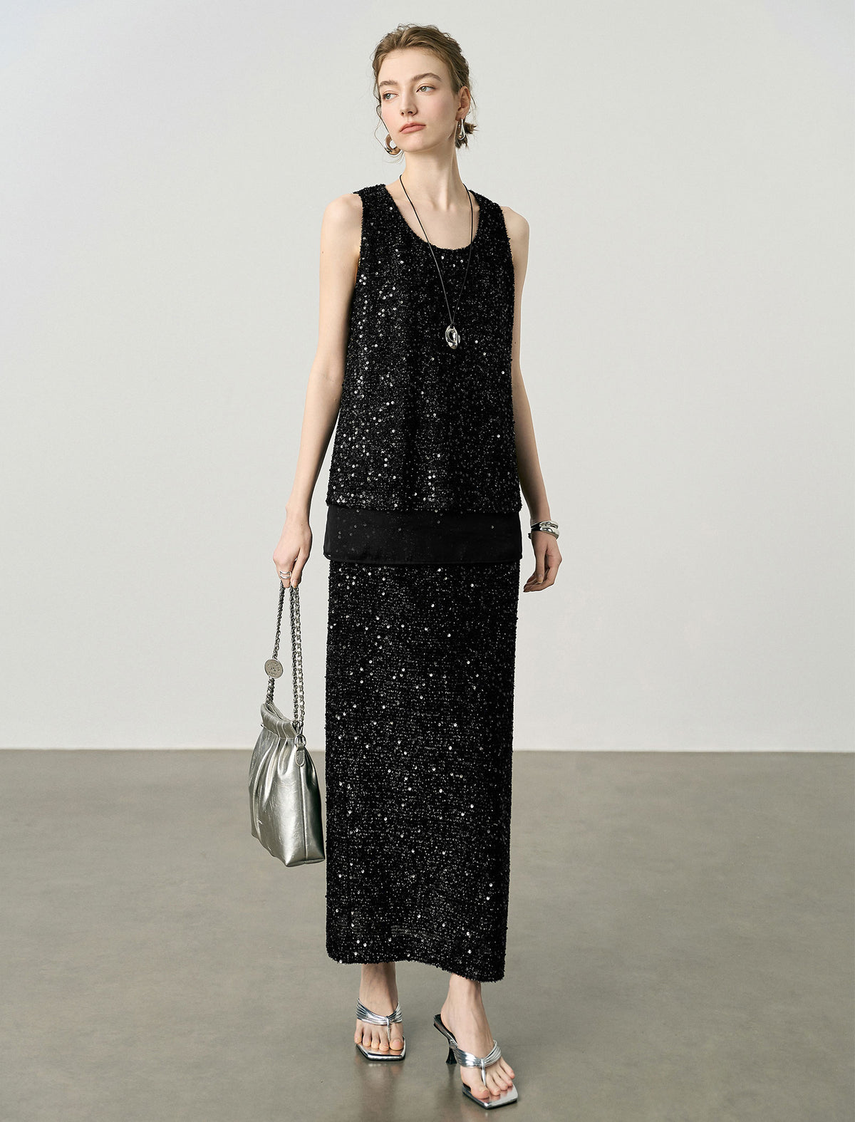High-Waisted Sequin Column Midi Skirt