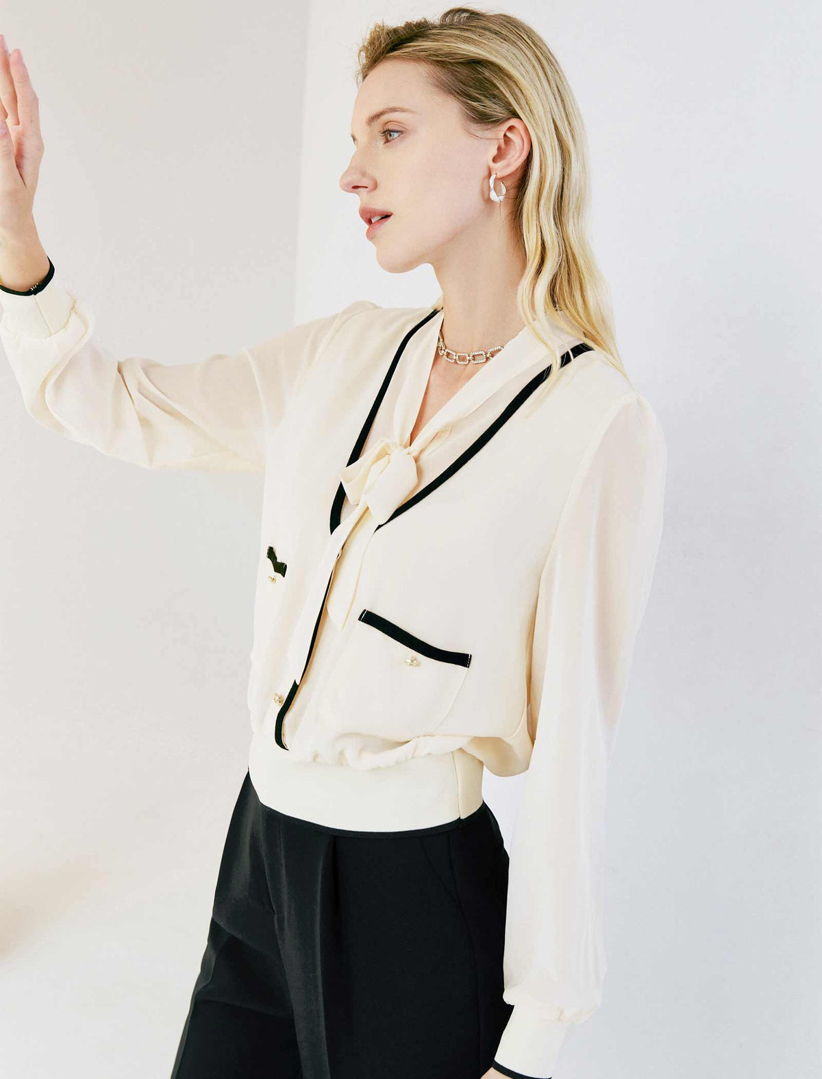 V-Neck Layered Tie-Front Long Sleeve Shirt