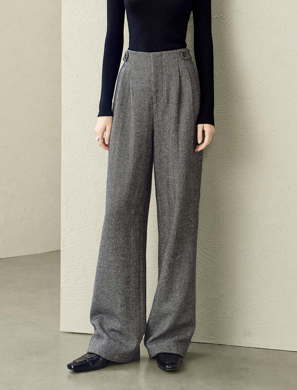 Herringbone Wool-Blend Wide-Leg Pants