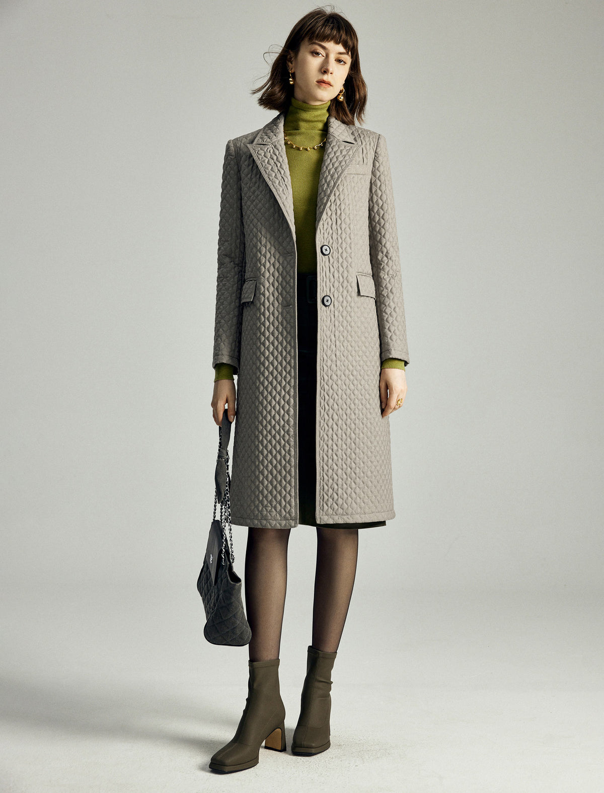 Quilted Notched-Lapel Pocket Padded Coat