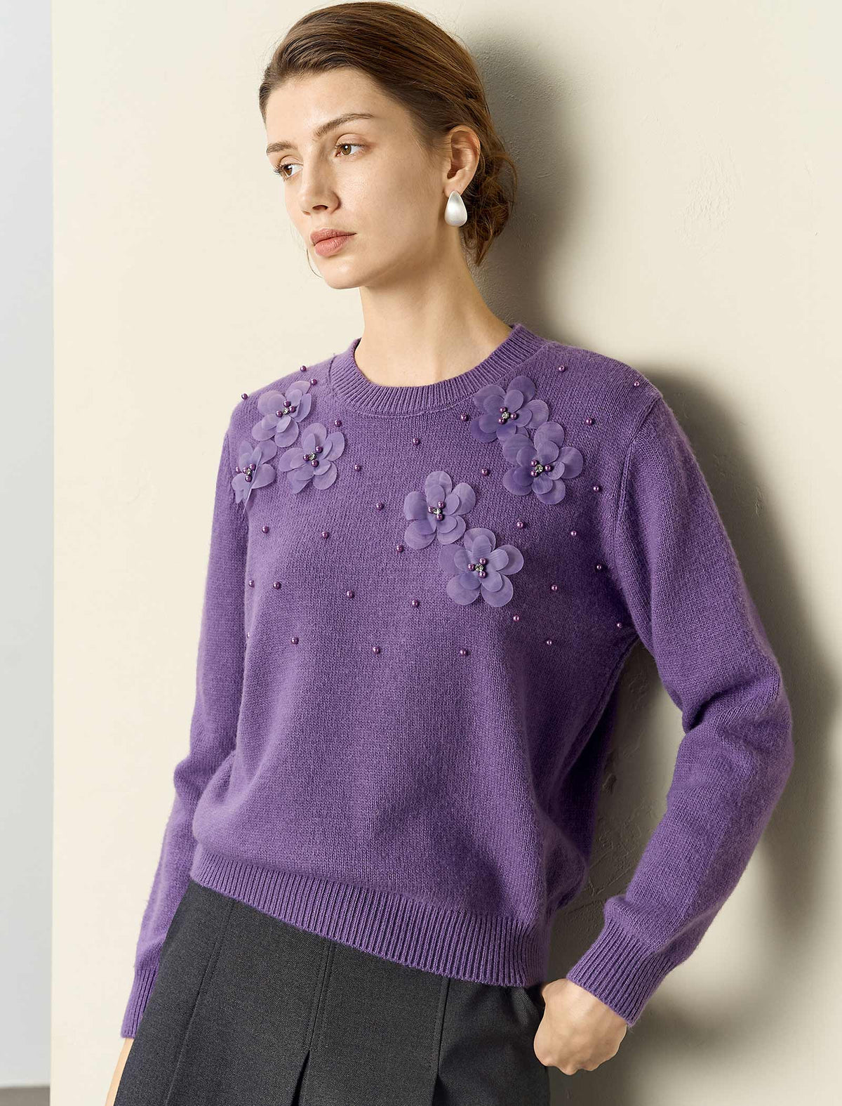 Wool Blend Floral Beaded Accents Crewneck Sweater