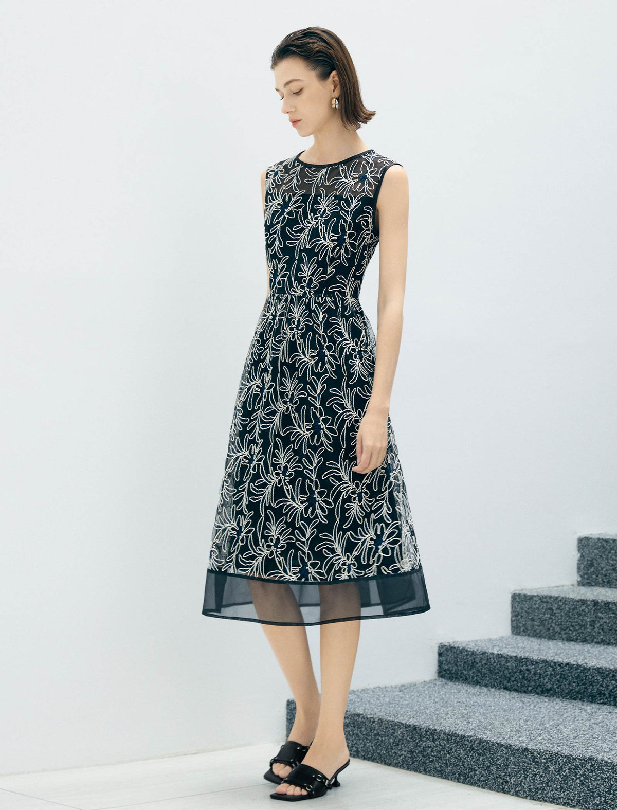 Sleeveless Floral Embroidered Mesh Midi Dress