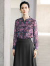 Printed Stand Collar Pleated Chiffon Blouse