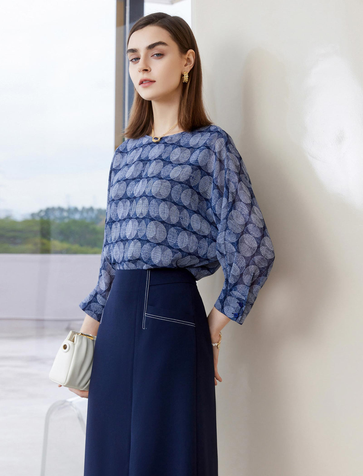 Vintage Printed Round Neck 3/4 Sleeve Blouse
