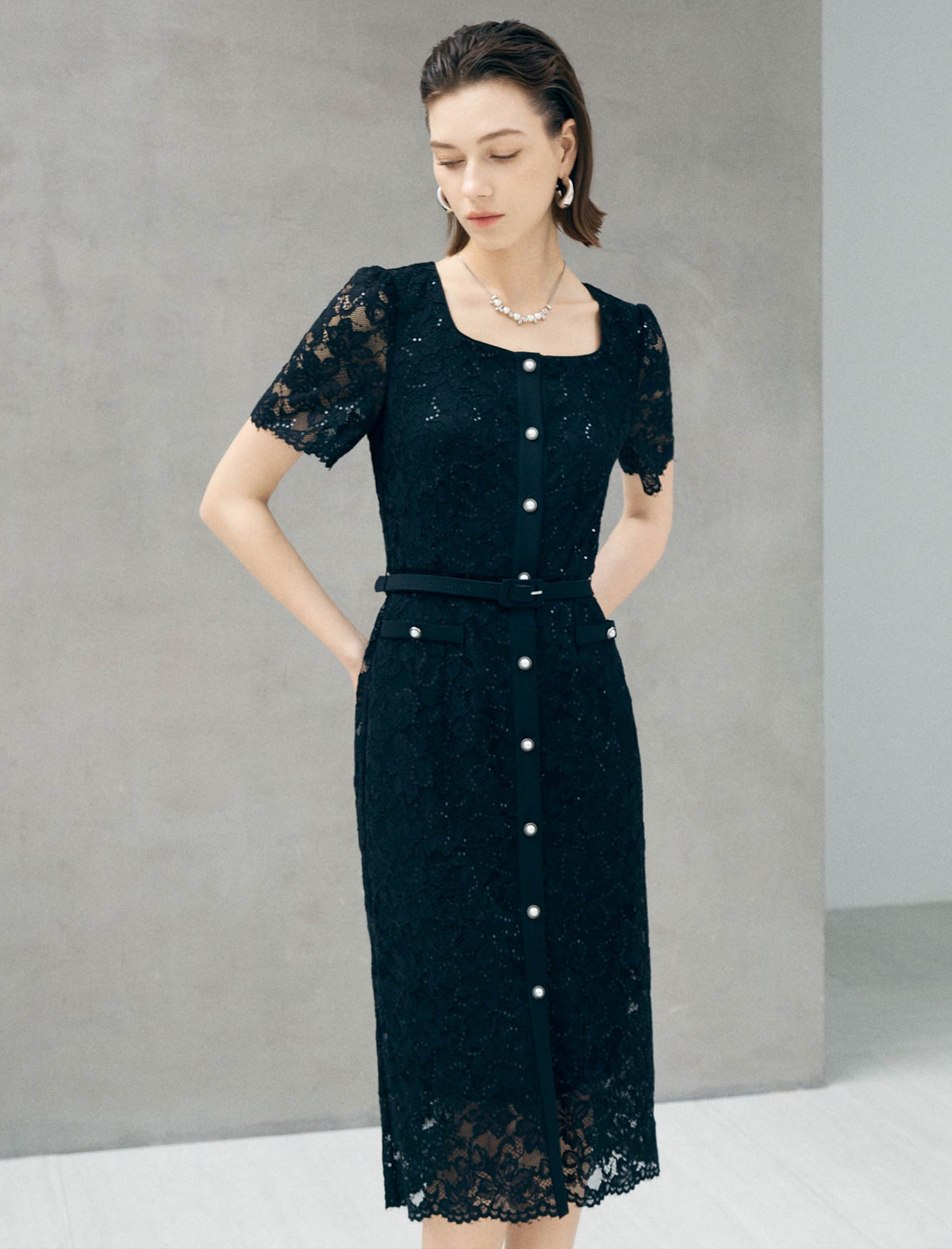 Black Lace Pearl Button Midi Dress