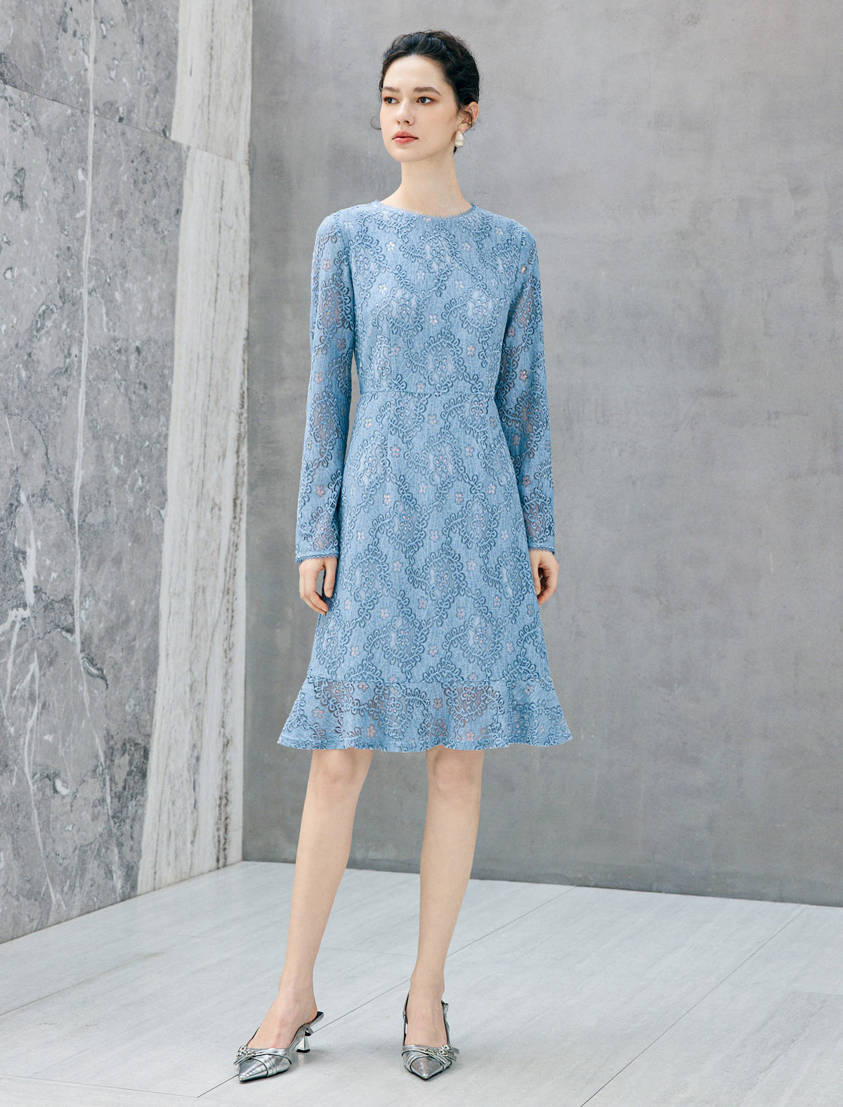 Lace Floral Pattern Long Sleeve A Line Midi Dress