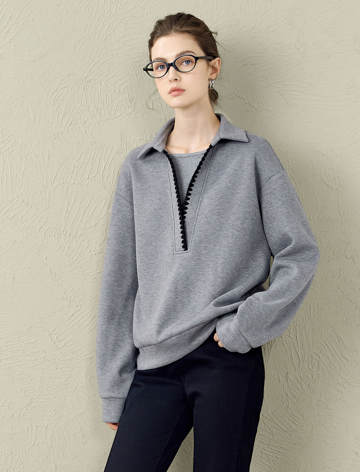 Polo-Collar Contrast Trim Sweatshirt