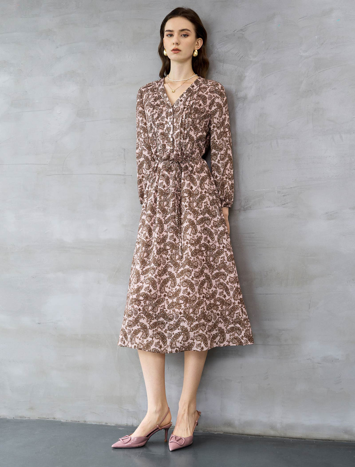 Dusty Pink Paisley Print Tie-Waist Midi Dress