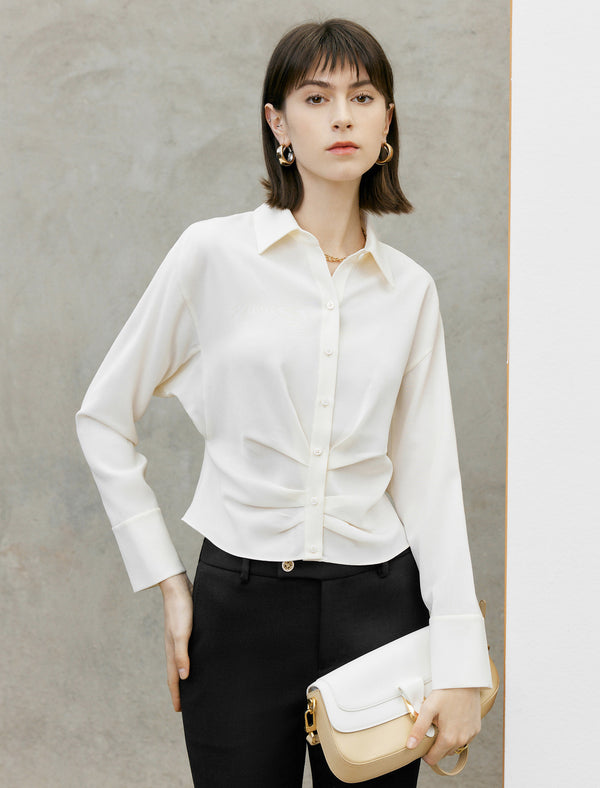White Polo Collar Cropped Shirt Blouse