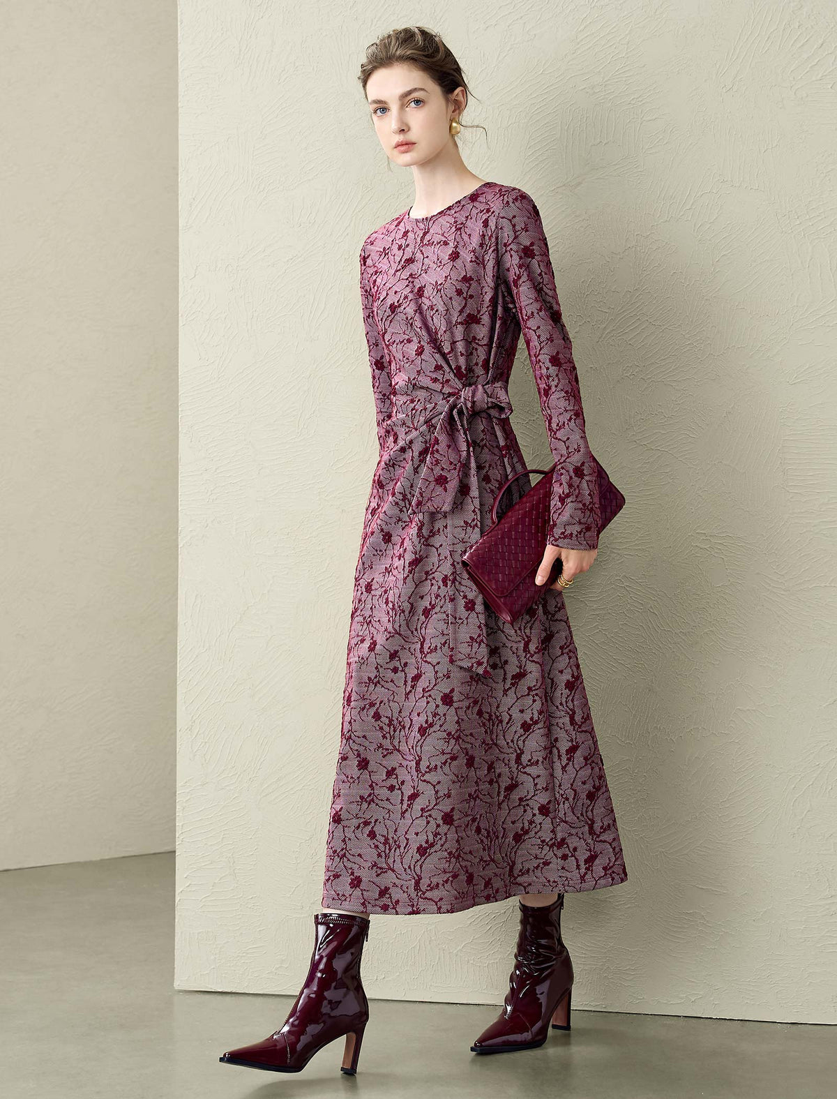 Burgundy Floral Print Midi Dress