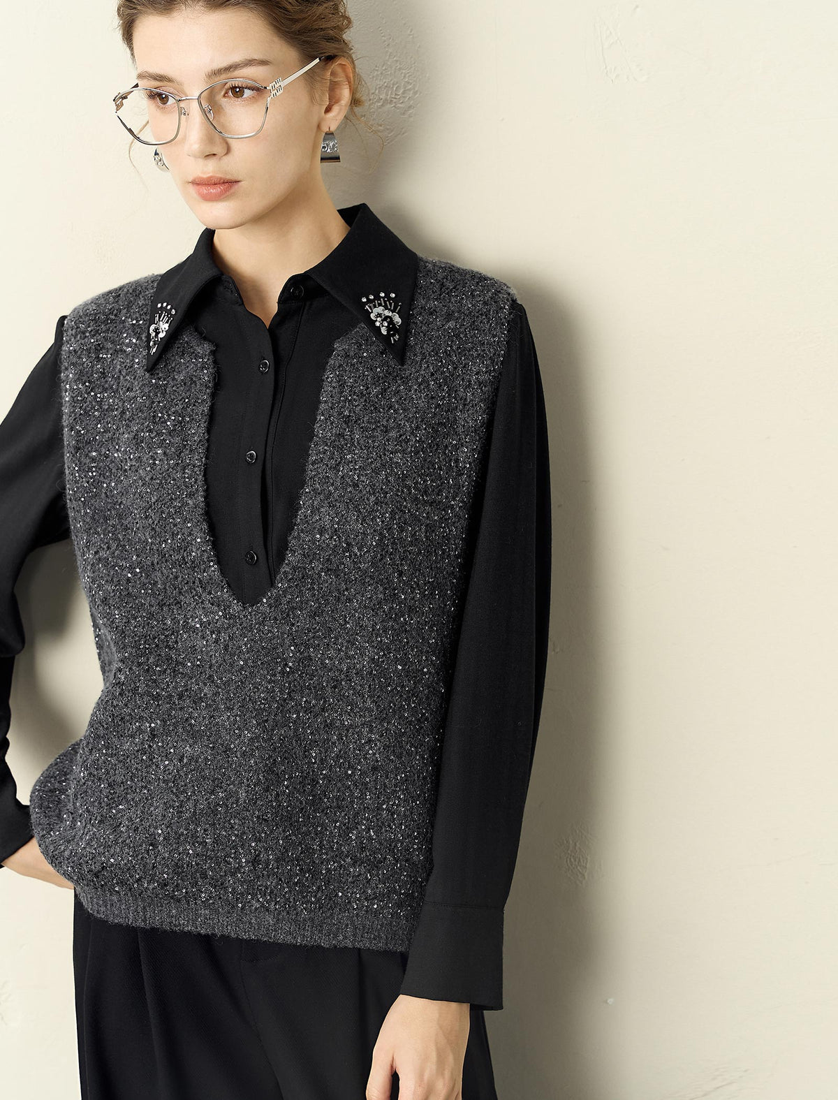 Grey Sparkle V-Neck Sweater Vest