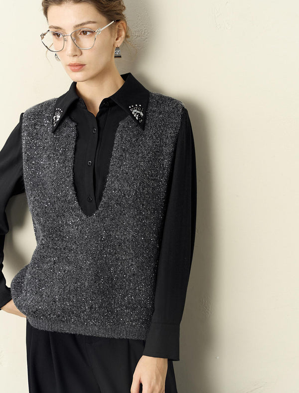 Grey Sparkle V-Neck Sweater Vest