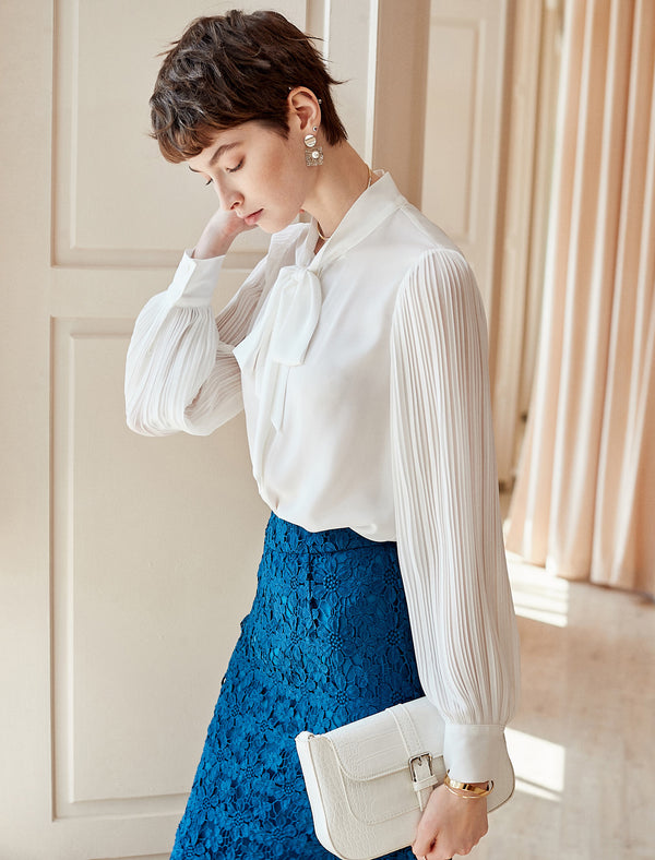White Tie-Neck Youthful Office Chiffon Blouse