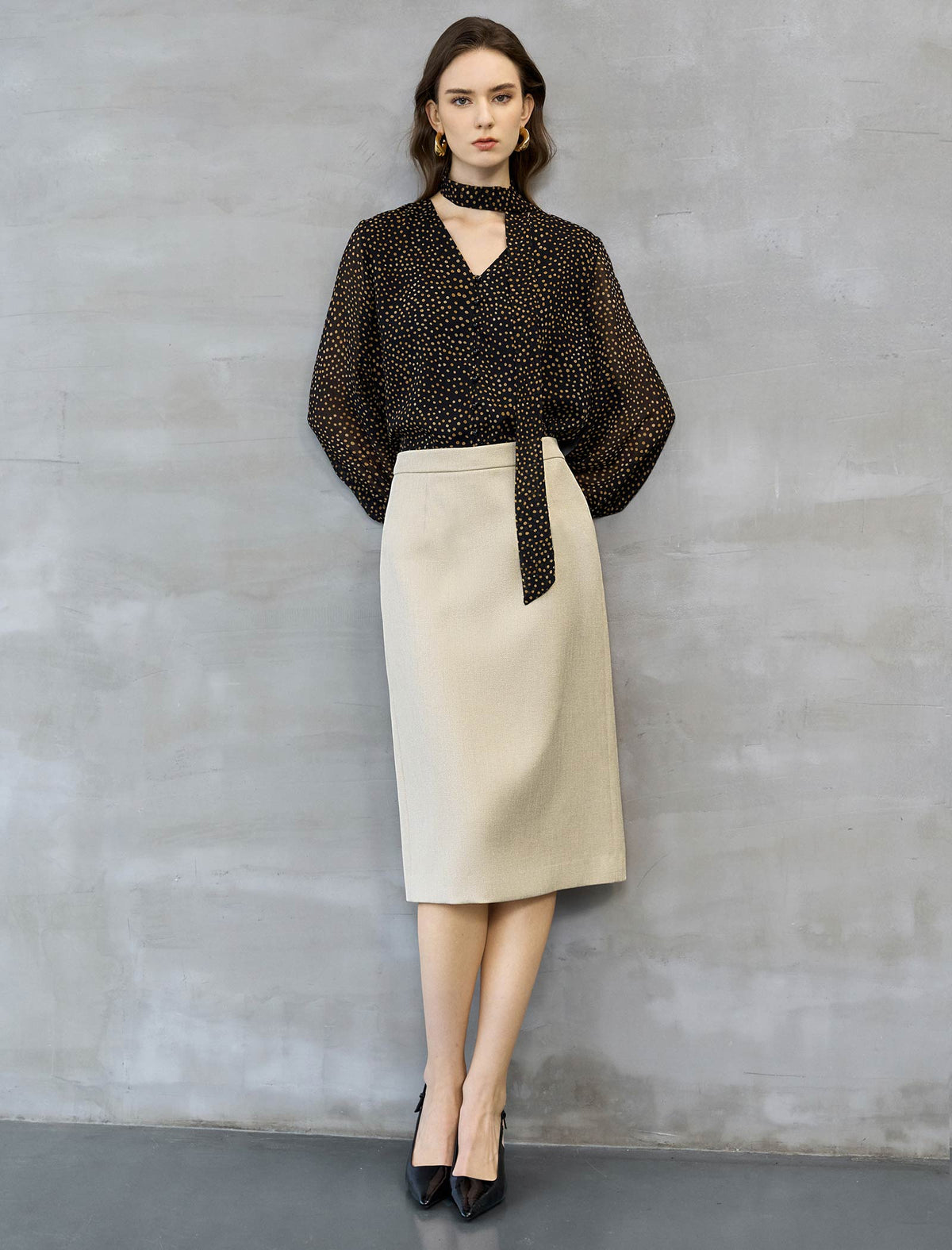 Black And Gold Dot Tie-Neck Blouse