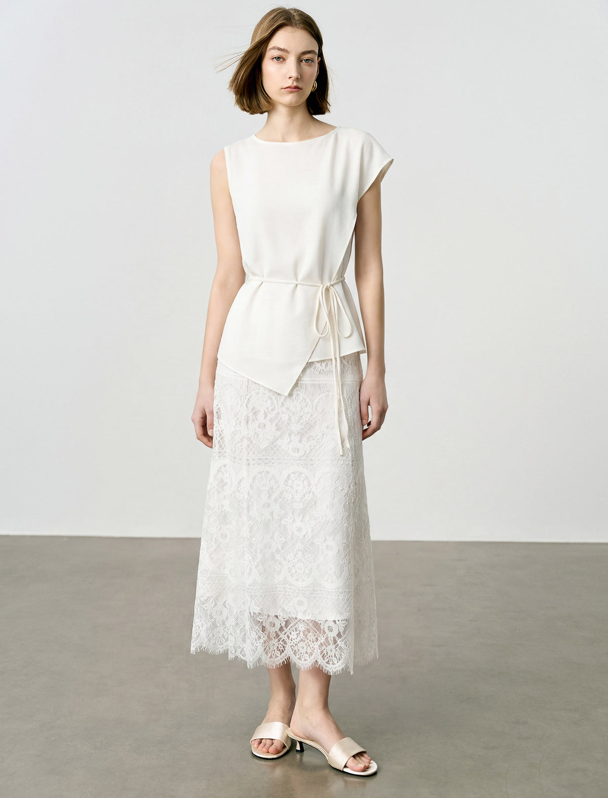 Solid Cap Sleeve Belted Blouse