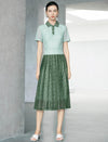 Two-Tone Green Lace Polo Collar Pleated Midi Dress