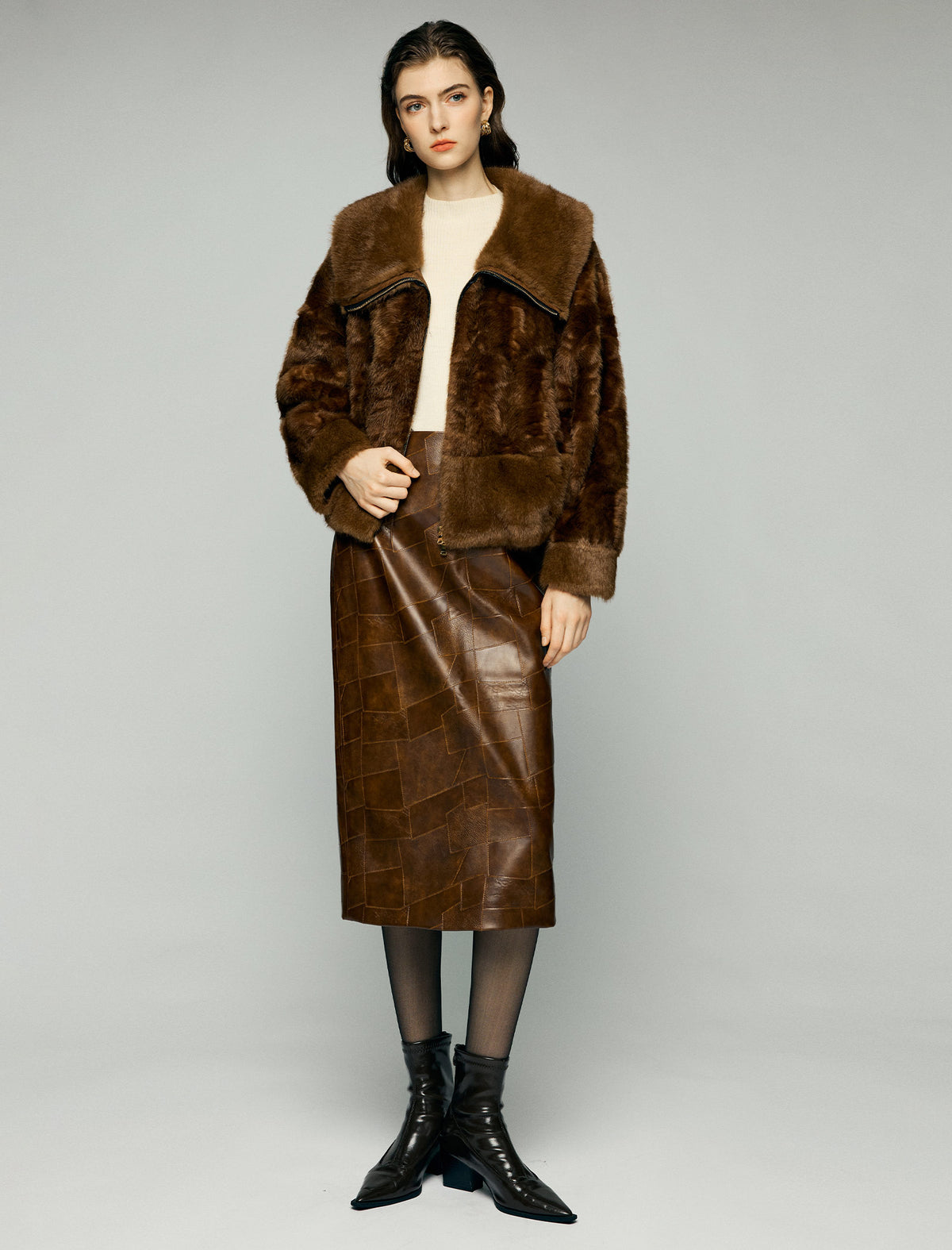 Plush Wide-Lapel Zip-Front Pocket Cropped Jacket