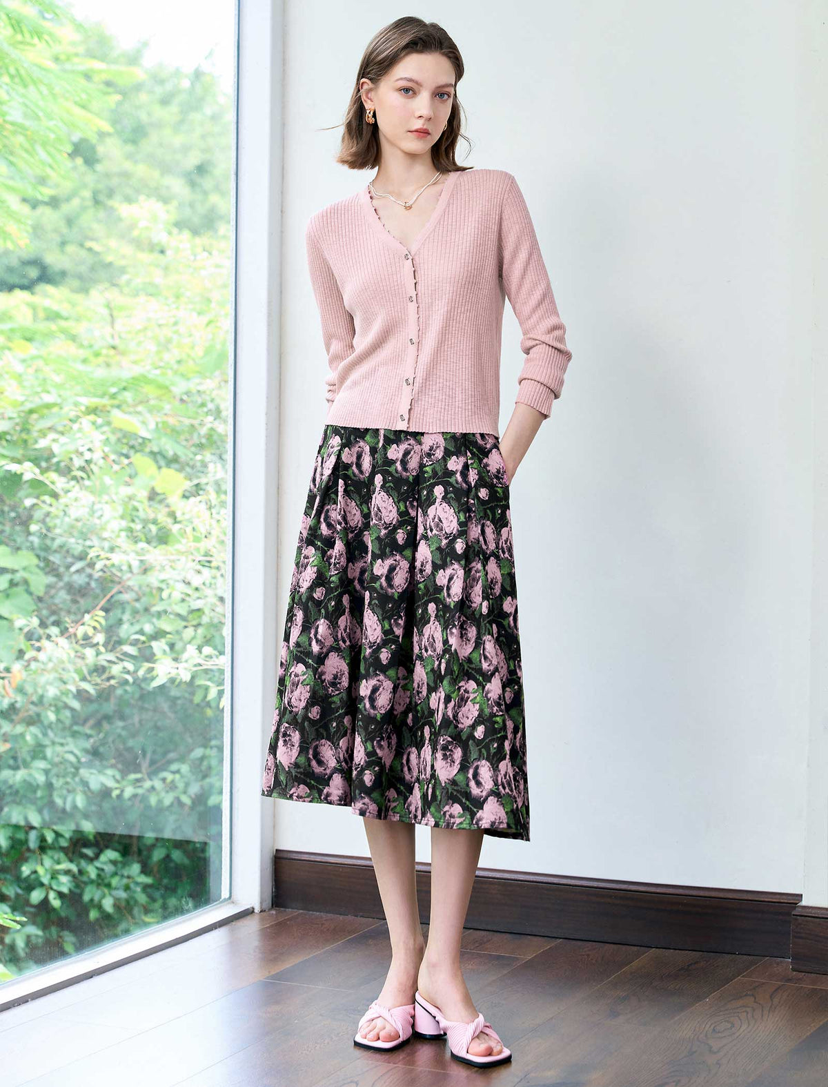 Vintage Rose Print Flare Midi Skirt