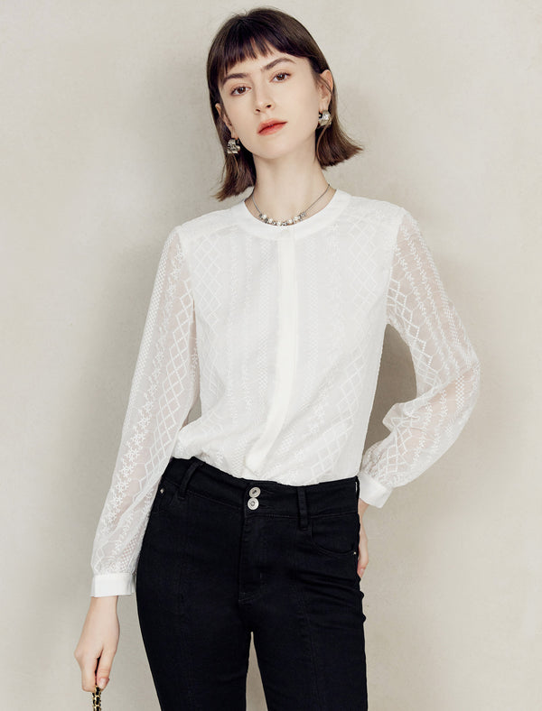 Lace Round Neck Button Front Blouse