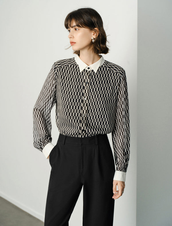 100% Mulberry Silk Checkered Button Up Blouse